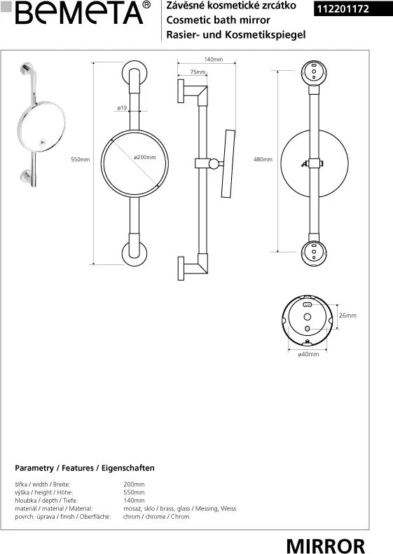 Bemeta Design Kozmetické zrkadlo, ø 200 mm, jednostranné, na tyči - 112201172