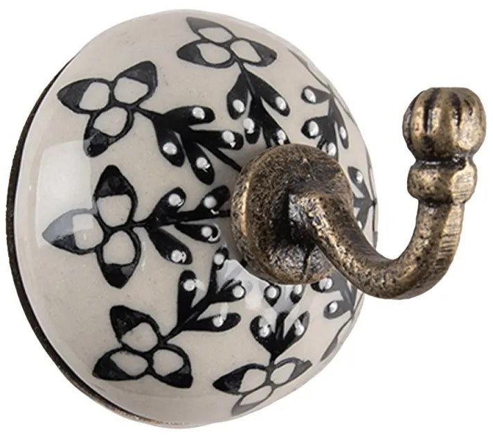 Bronzový antik nástenný háčik s porcelánovou knopkou - Ø 6*7 cm