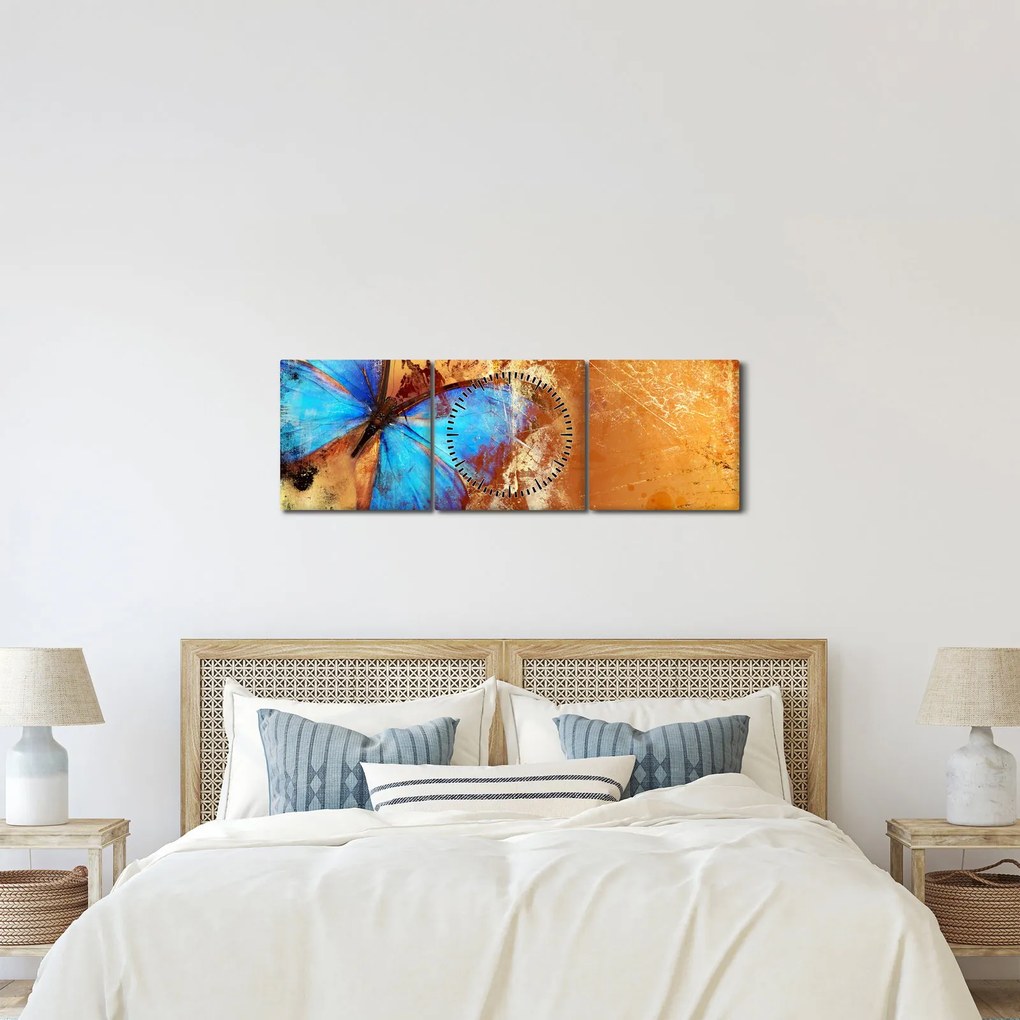 Obraz - Modrý motýľ (s hodinami) (90x30 cm)