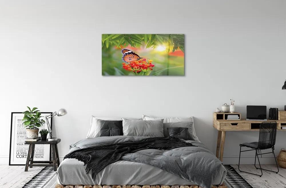 Sklenený obraz Farebný motýľ kvety 100x50 cm