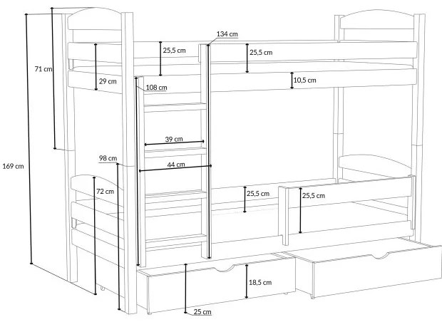 Detská poschodová posteľ z masívu borovice KAJETÁN so šuplíkmi - 200x90 cm - BIELA