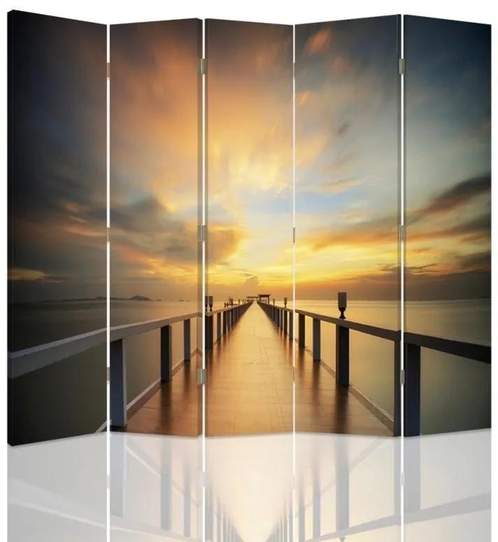 Ozdobný paraván Západ slunce u Brückensee - 180x170 cm, päťdielny, klasický paraván