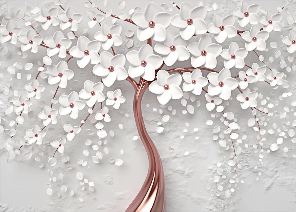 Sklenený obraz - Sklenený obraz bieleho stromu s kvetinami, rosegold (70x50 cm)