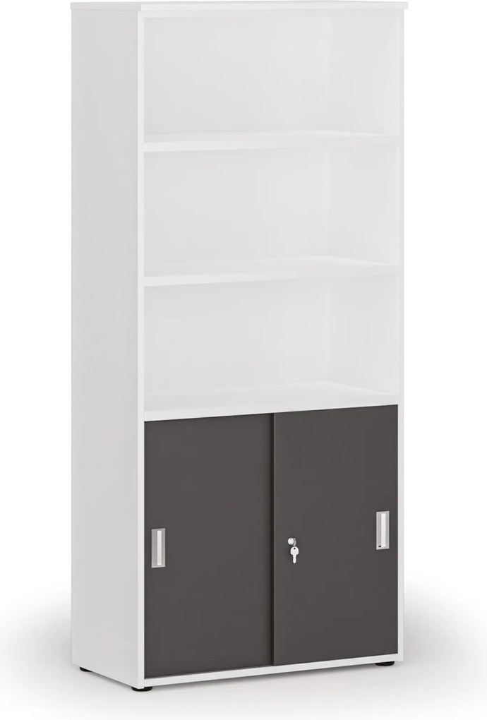 Kombinovaná kancelárska skriňa PRIMO WHITE, zasúvacie dvere na 2 poschodia, 800 x 420 x 1781 mm, biela/grafit