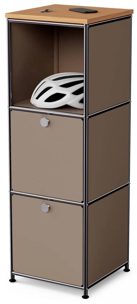 Úzka kovová komoda »CN3« s drevenou doskou a 2 výklopnými priečinkami, hnedosivá