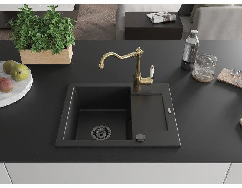 Mexen Enzo, granitový drez 576x465x174 mm, 1-komorový a drezová batéria Carla, čierna, 6506-77-670700-50-B