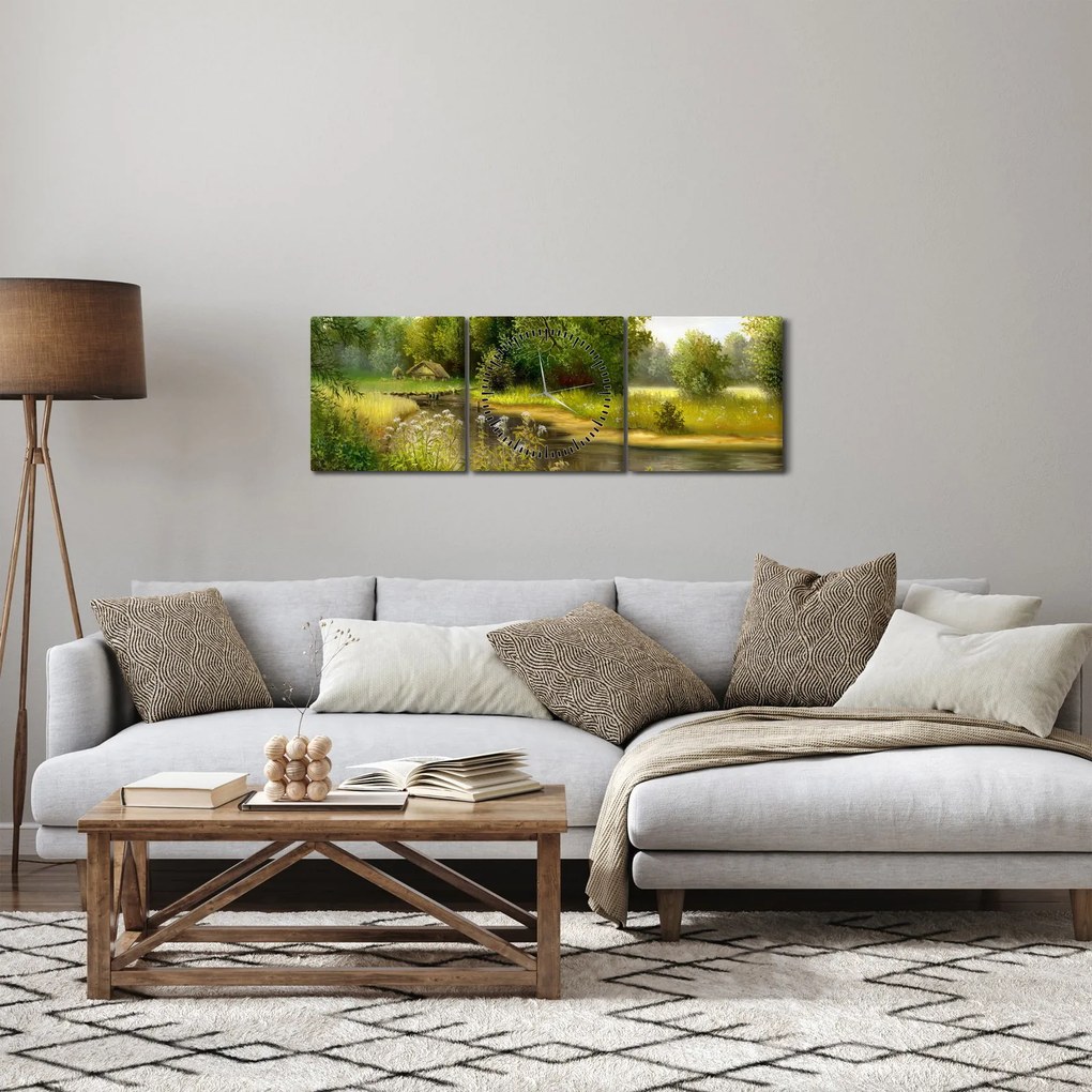 Obraz - Rieka pri lese, olejomaľba (s hodinami) (90x30 cm)