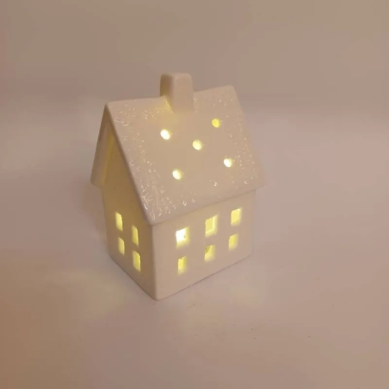 DECOLED Keramický domeček, 7 x 6 x 10 cm, teple bílá, 2xLR44