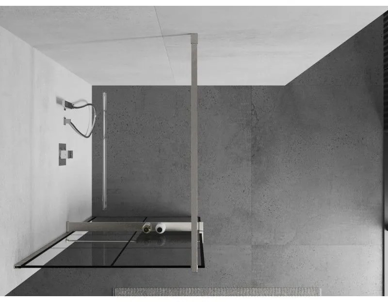 Mexen Kioto+, sprchová zástena Walk-In s poličkou a vešiakom 90 x 200 cm, 8mm číre sklo čierny vzor, brúsená oceľ profil, 800-090-121-97-77