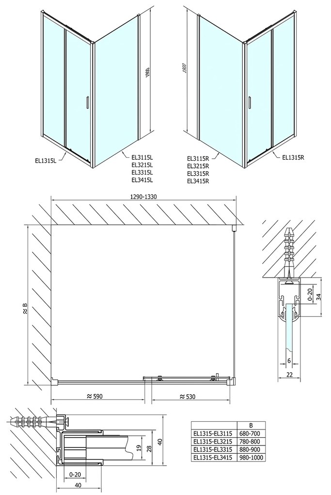 Polysan, Easy Line obdĺžniková sprchová zástena 1300x1000mm L/P varianta, EL1315EL3415