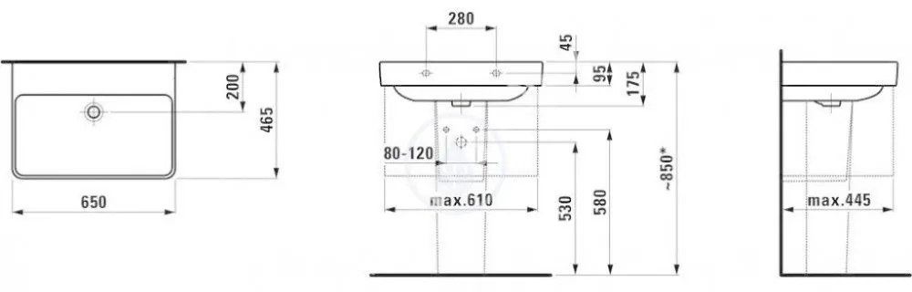 LAUFEN Pro S Umývadlo, 650 mm x 465 mm, bez otvoru na batériu, bez prepadu, biela H8109640001421