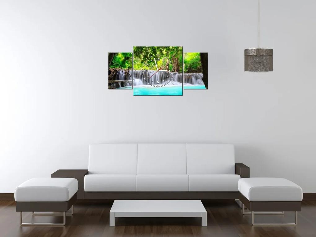 Gario Obraz s hodinami Nádherný vodopád v Thajsku - 3 dielny Rozmery: 80 x 40 cm