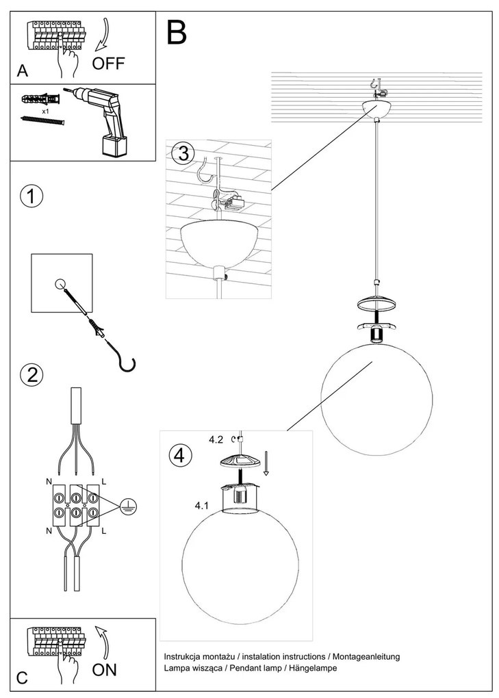 Závesné svietidlo Ugo, 1x biele sklenené tienidlo, (fi 30 cm), g