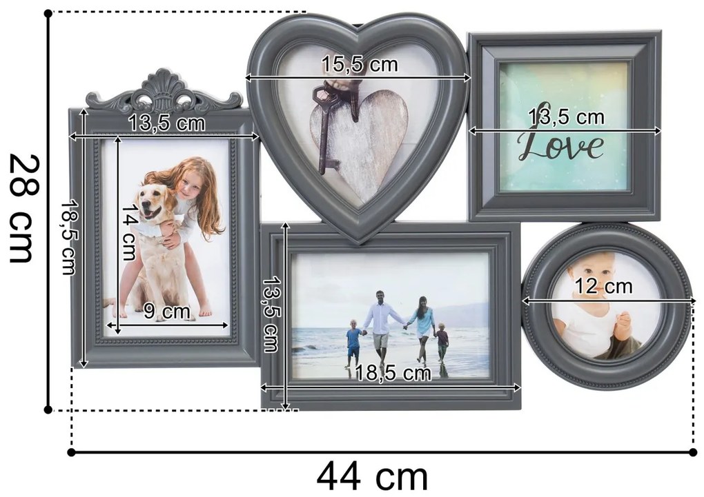 Fotorámik CORAZON 5 fotografií sivý