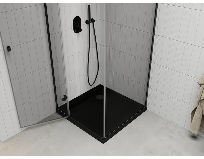Mexen Roma, sprchovací kút s 1-krídlovými dverami 90 (dvere) x 90 (stena) cm, 6mm číre sklo, čierny profil, slim sprchová vanička 5cm čierna s čiernym sifónom, 854-090-090-70-00-4070B