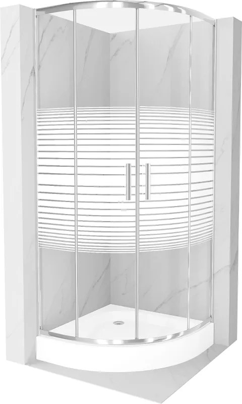 Mexen Rio, štvrťkruhový sprchovací kút s posuvnými dverami 90 x 90 cm, 6mm číre sklo/pásy, chrómový profil + biela vysoká sprchová vanička Rio, 863-090-090-01-20-4710