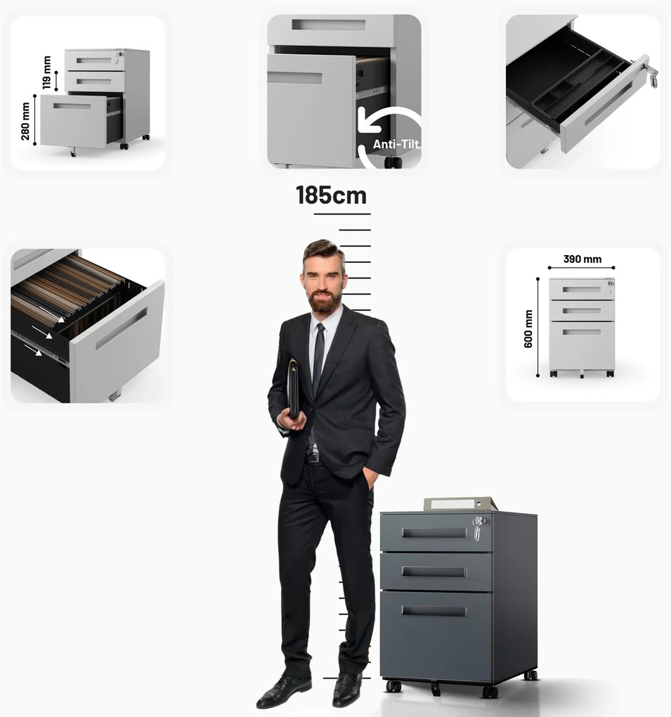 Antracitový úložný box pod písací stôl, 390x600x500 mm: KATE