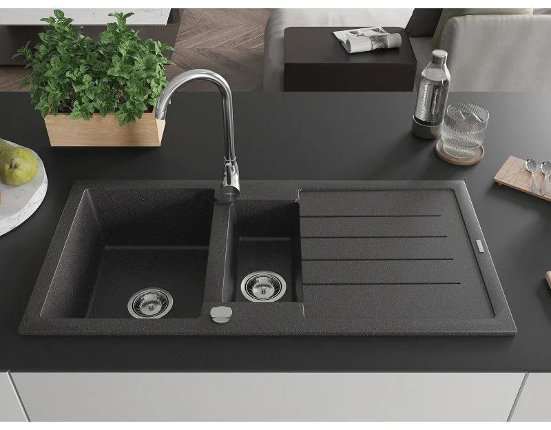 Mexen Andres 1,5-komorový granitový kuchynský drez s odkvapkávačom 100x50 cm a kuchynská batéria Telma, čierna-škvrnitá, 6515-76-670200-00
