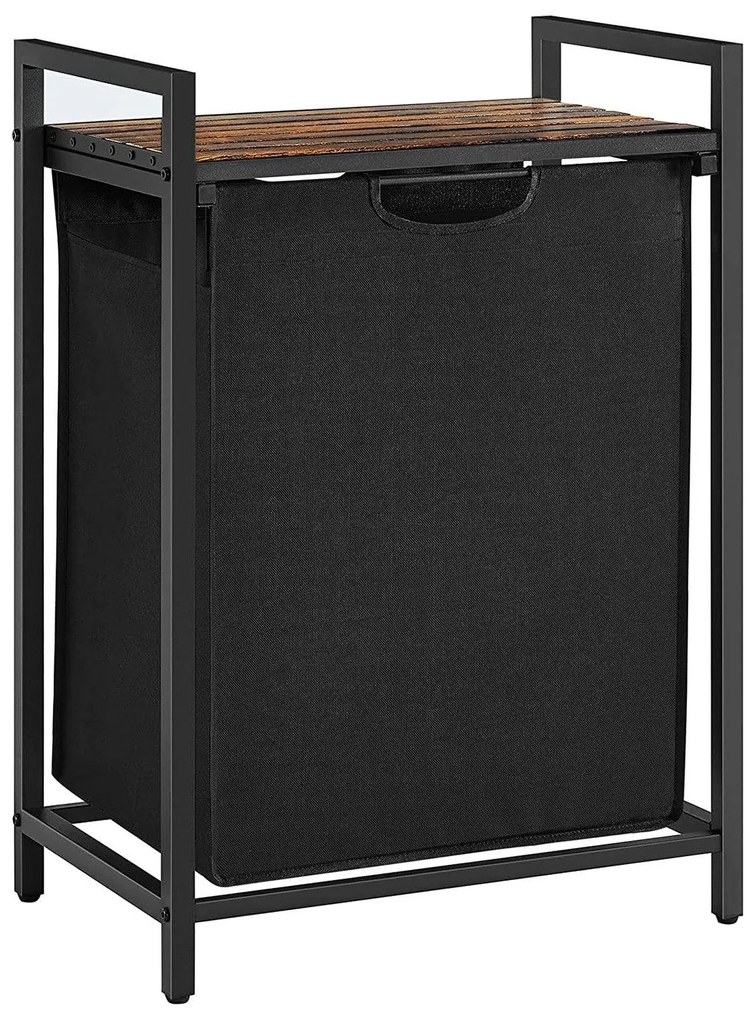 Kôš na bielizeň, s poličkou, 65 l, vysúvateľný, rustikálna hnedá a čierna farba