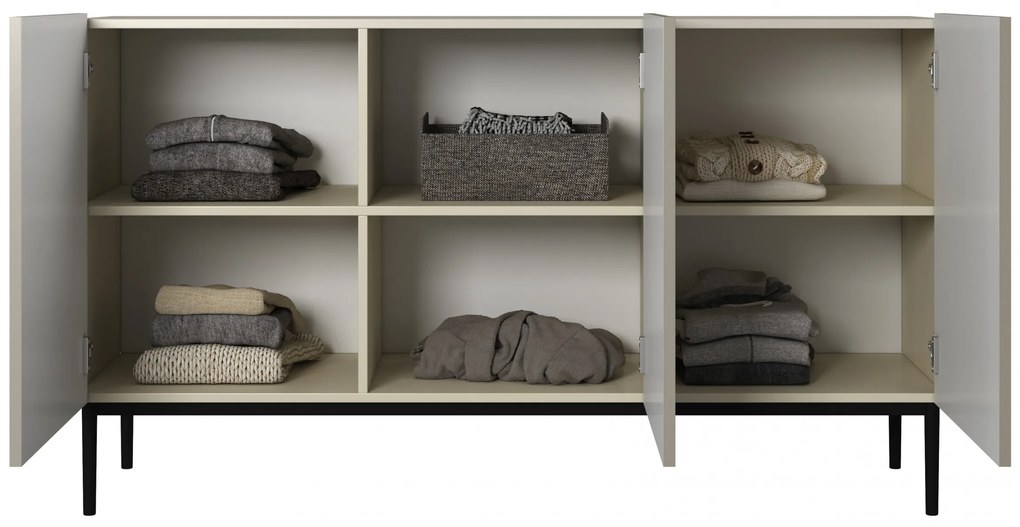 Komoda Nicole 150 cm s ryhovanými dvierkami - kašmír / čierne nohy