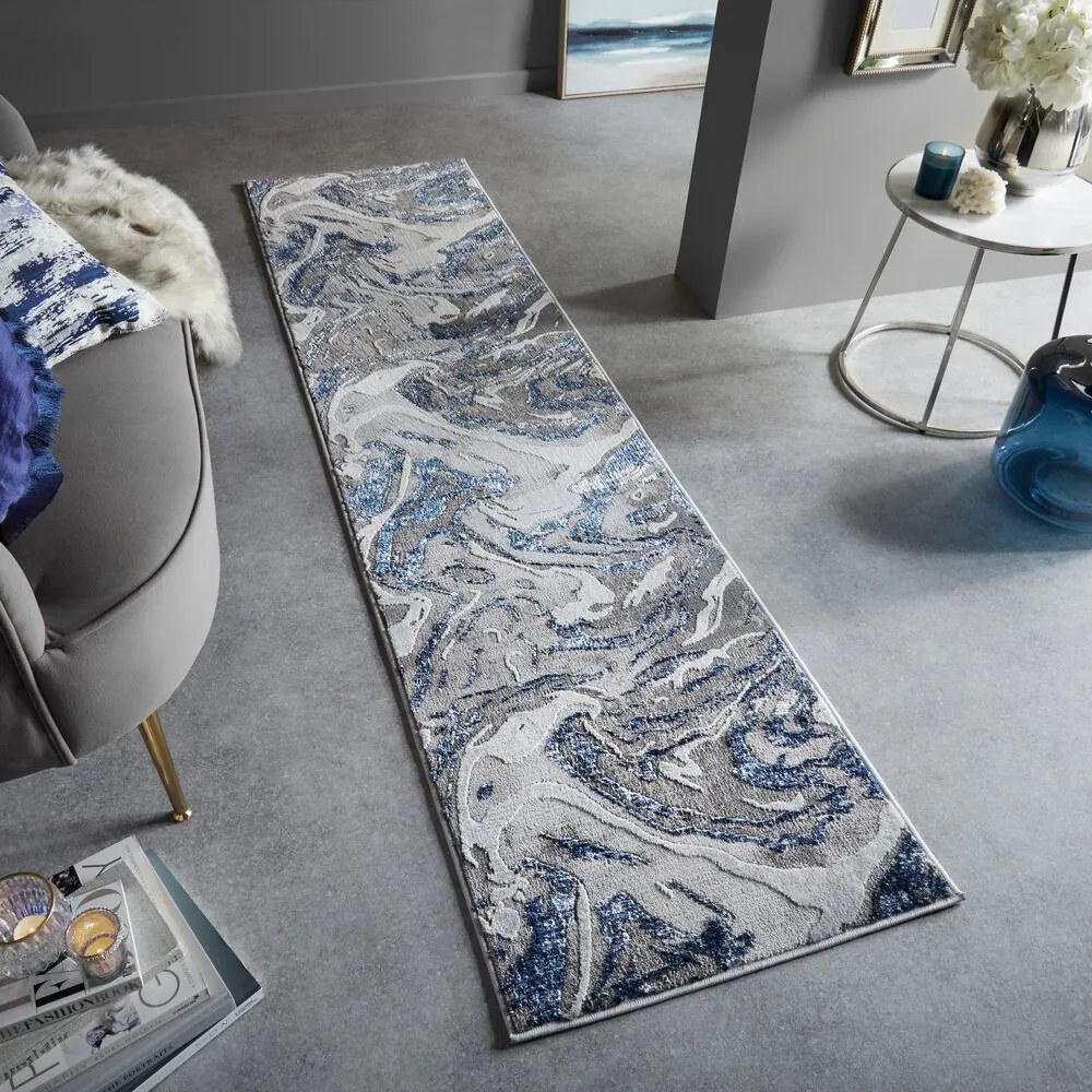 Flair Rugs, Behúň Eris Marbled Navy, 60x230, modrá, chodba / predsieň
