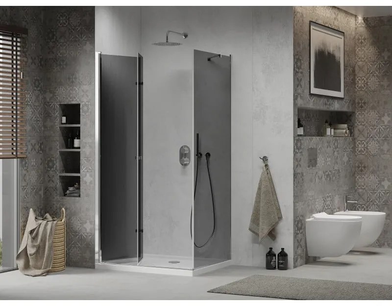 Mexen Lima, sprchový kút so skladacími dverami 70 (dvere) x 80 (stena) cm, 6mm šedé sklo, chrómový profil + slim sprchová vanička biela + chrómový sifón, 856-070-080-01-40-4010