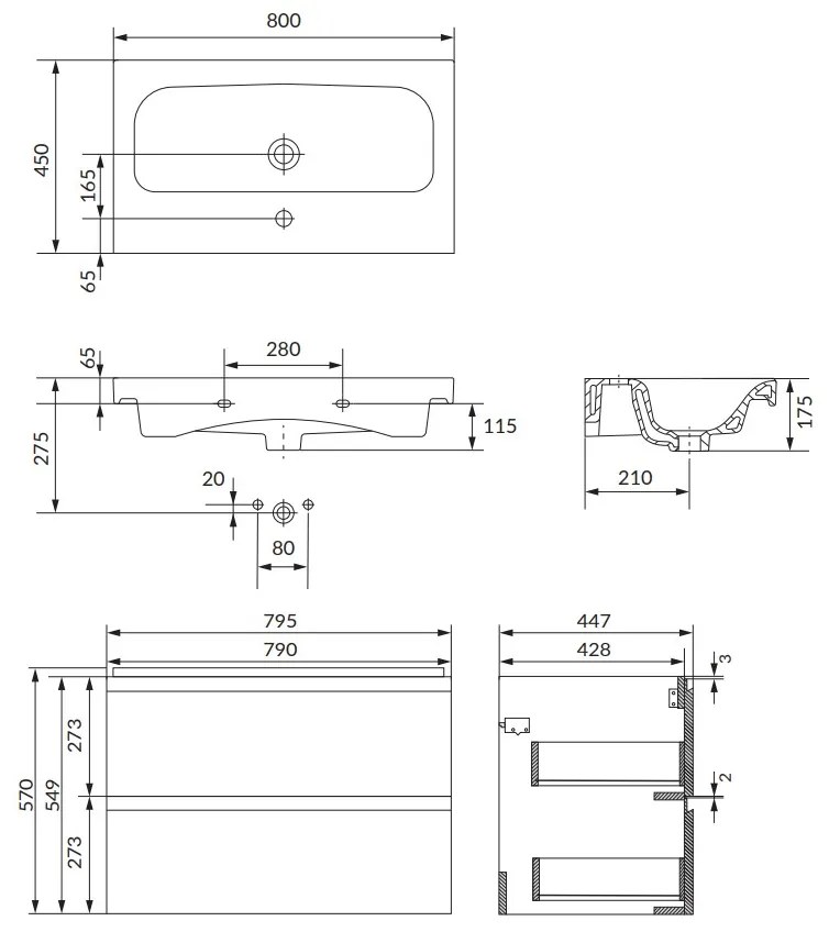 Cersanit Moduo SET, závesná skrinka 80x45x57 cm + umývadlo 80cm, antracitová matná, S801-473-DSM