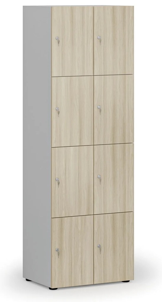 Drevená šatníková skrinka S4 s úložnými boxmi, 8 boxov, demont, cylindrický zámok, sivá/dub prírodný