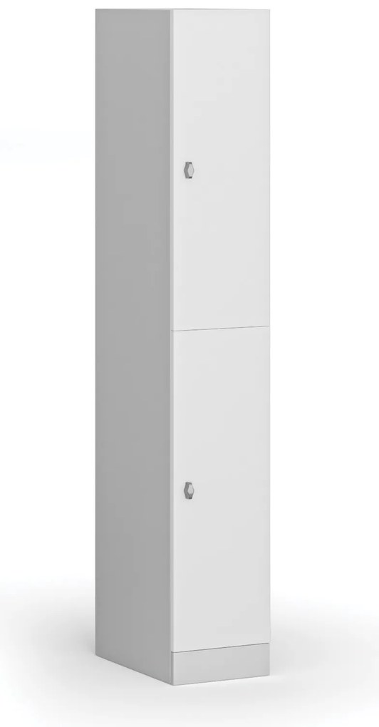 Šatníková skrinka S1 s úložnými boxmi, 2 boxy, 1850 x 300 x 500 mm, otočný zámok, laminované dvere, biela