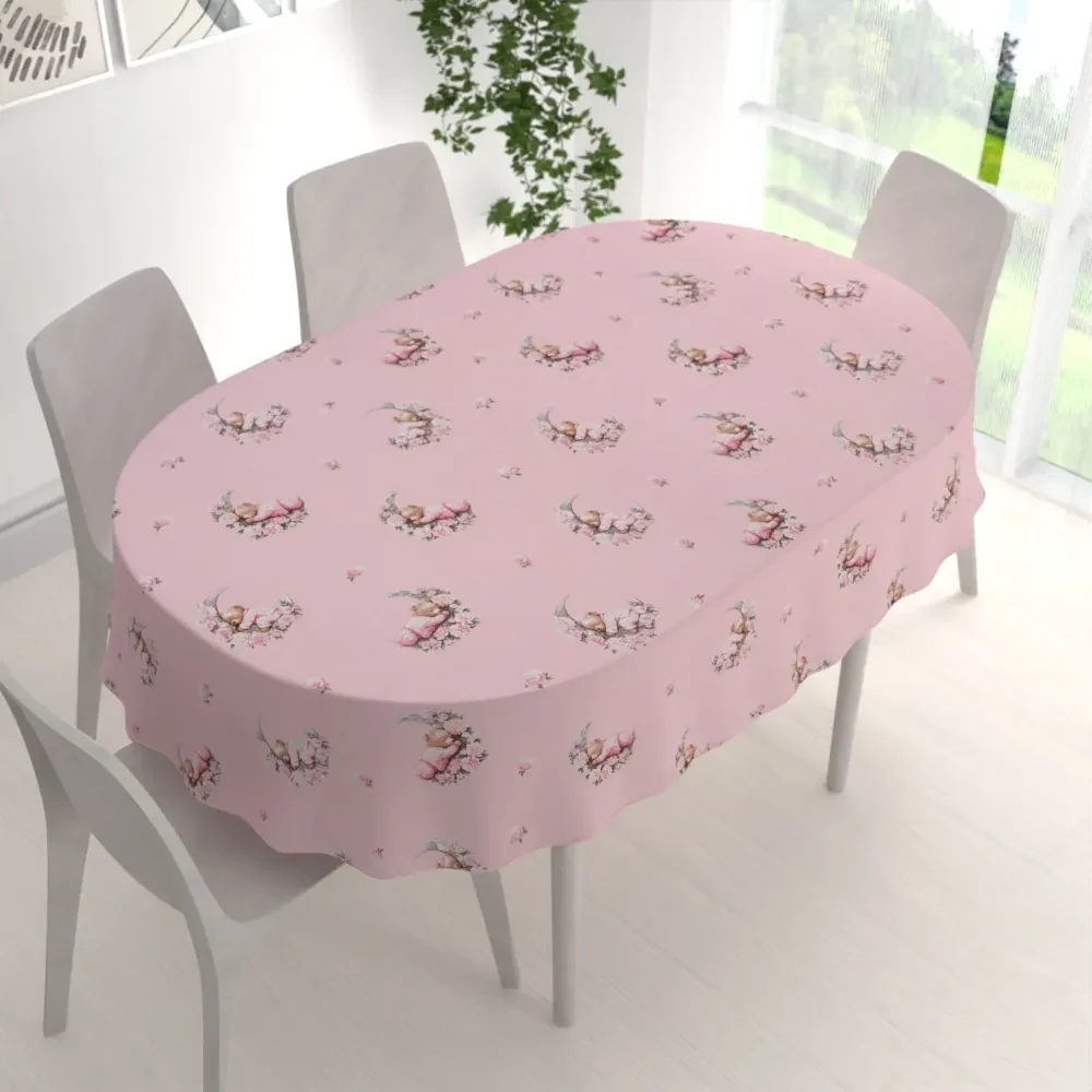 Biante Detský bavlnený oválny obrus Sandra SA-626 Spiace medvedíky na ružovom 120x140 cm