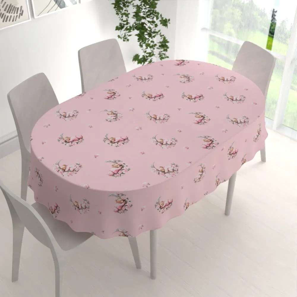 Biante Detský bavlnený oválny obrus Sandra SA-626 Spiace medvedíky na ružovom 50x100 cm