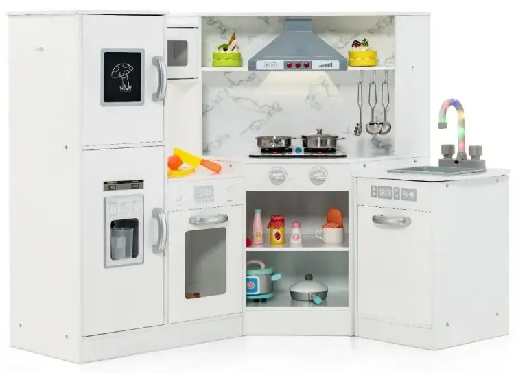 Drevená rohová detská kuchynka so svetlom a zvukom a doskou a príslušenstvom Detská kuchynka Hracia kuchynka Drevená kuchynka biela