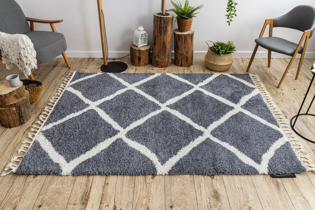 Koberec BERBER CROSS B5950, sivo - biely, strapce, Maroko Shaggy