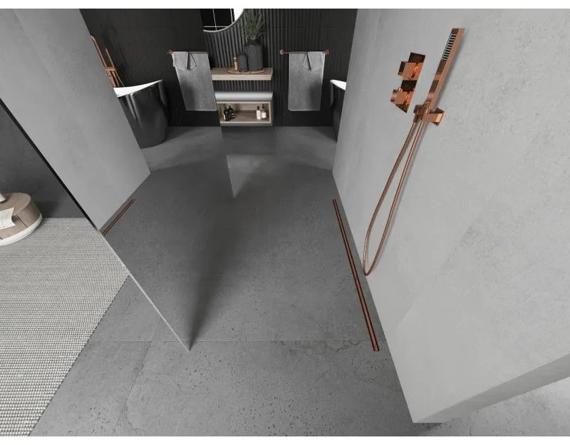 Mexen Kioto, priechodná sprchová zástena 120 x 200 cm, 8mm sklo s efektom zrkadla, 2x zlatá stabilizačná rozpera, profil ružové zlato, 800-120-002-60-50