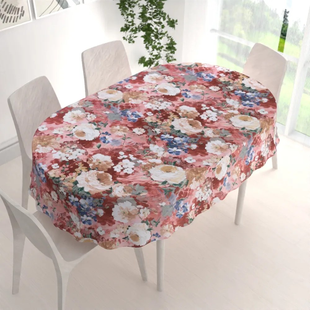 Biante Dekoračný oválny obrus PM-054 Maľované kvety na ružovom 100x140 cm