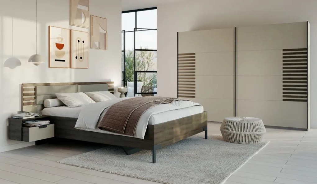 Posteľ s nočnými stolikmi Barea 180x200, béžová/dub atlantic