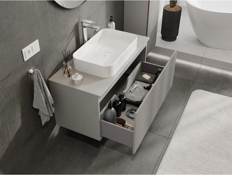 Mexen Rivel, kúpeľňová skrinka 100 cm s hornou časťou, 1 zásuvka, drážkovaná, sivá matná, 91A20-10047-1-BFC62