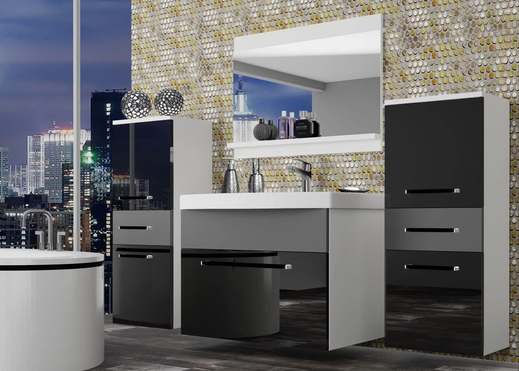 Kúpeľňový nábytok Belini čierny lesk / šedý mat + umývadlo + zrkadlo ROD PM 4/0/W/BSR/0/ZW