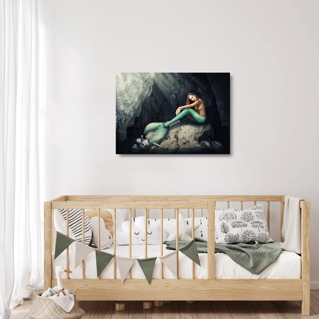 Sklenený obraz - Morská panna na skale (70x50 cm)