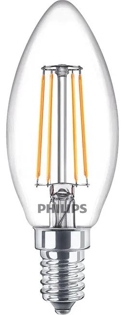 Philips LED žiarovka vláknová číra sviečka E14, 4.2W, 470lm, 2700K, teplá biela, 230V
