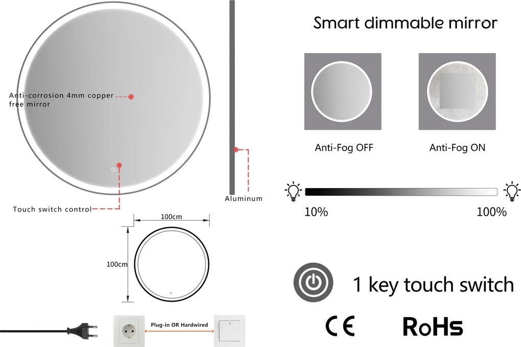 Erga Olivia, okrúhle LED zrkadlo 100cm, čierny kovový rám, 2300 lm, 6500K, predné osvetlenie, ERG-V01-202-1010-BK
