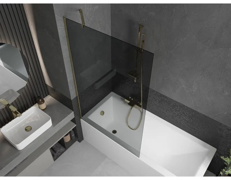 Mexen Next, vaňová zástena 1-krídlová 100 x 150 cm, fixné krídlo, 6 mm šedé sklo, zlatý profil, 895-100-000-00-40-50