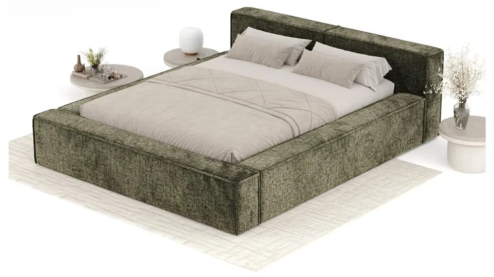 Tmavozelená čalúnená dvojlôžková posteľ s úložným priestorom s roštom 180x200 cm Voliera – Maison de Rêve