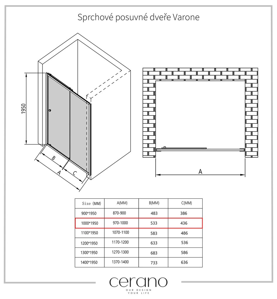 Cerano Varone, sprchovací kút s posuvnými dverami 100(dvere) x 70 (stena) x 195 cm, 6mm číre sklo, čierny profil, CER-CER-DY505B-10070