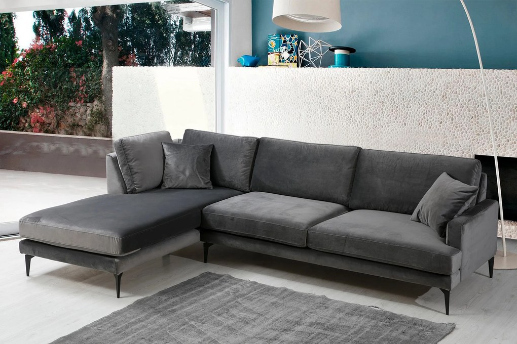 Elegantná rohová pohovka Velour 283 x 180 cm, ľavá, antracitovo sivá
