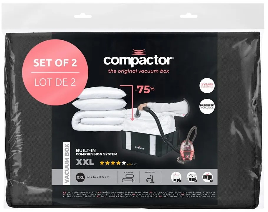 Vákuové/vystužené látkové úložné boxy na oblečenie v súprave 2 ks 65x45x27 cm Black Edition – Compactor