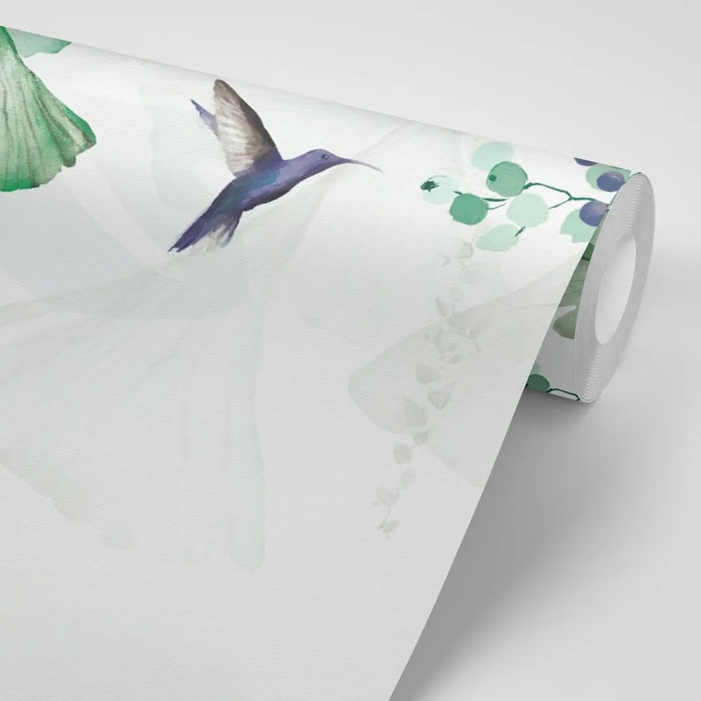 Samolepiaca tapeta zelené listy s kolibríkmi
