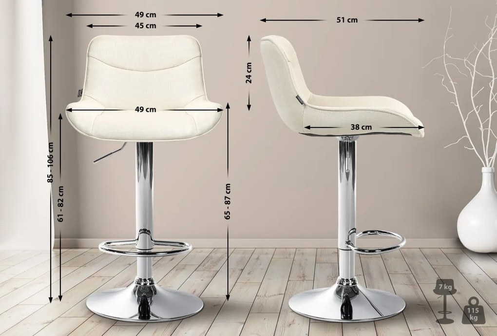 Barová stolička Vonore - látka, chróm rám - Krémová