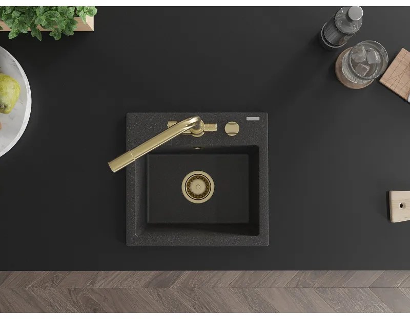 Mexen Milo, granitový drez 435x410x171 mm, 1-komorový a zlatá batéria Duero, čierna škvrnitá, 6505-76-671600-50