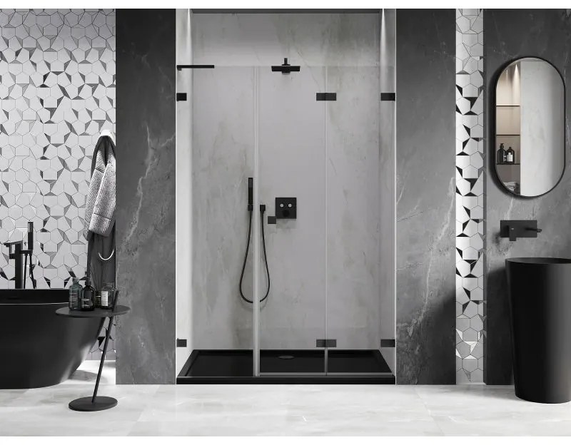 Mexen Lunar-F, L pravé skladacie sprchové dvere 130 cm, 8mm číre sklo, čierny matný profil, 836SL-130-050-70-00-P